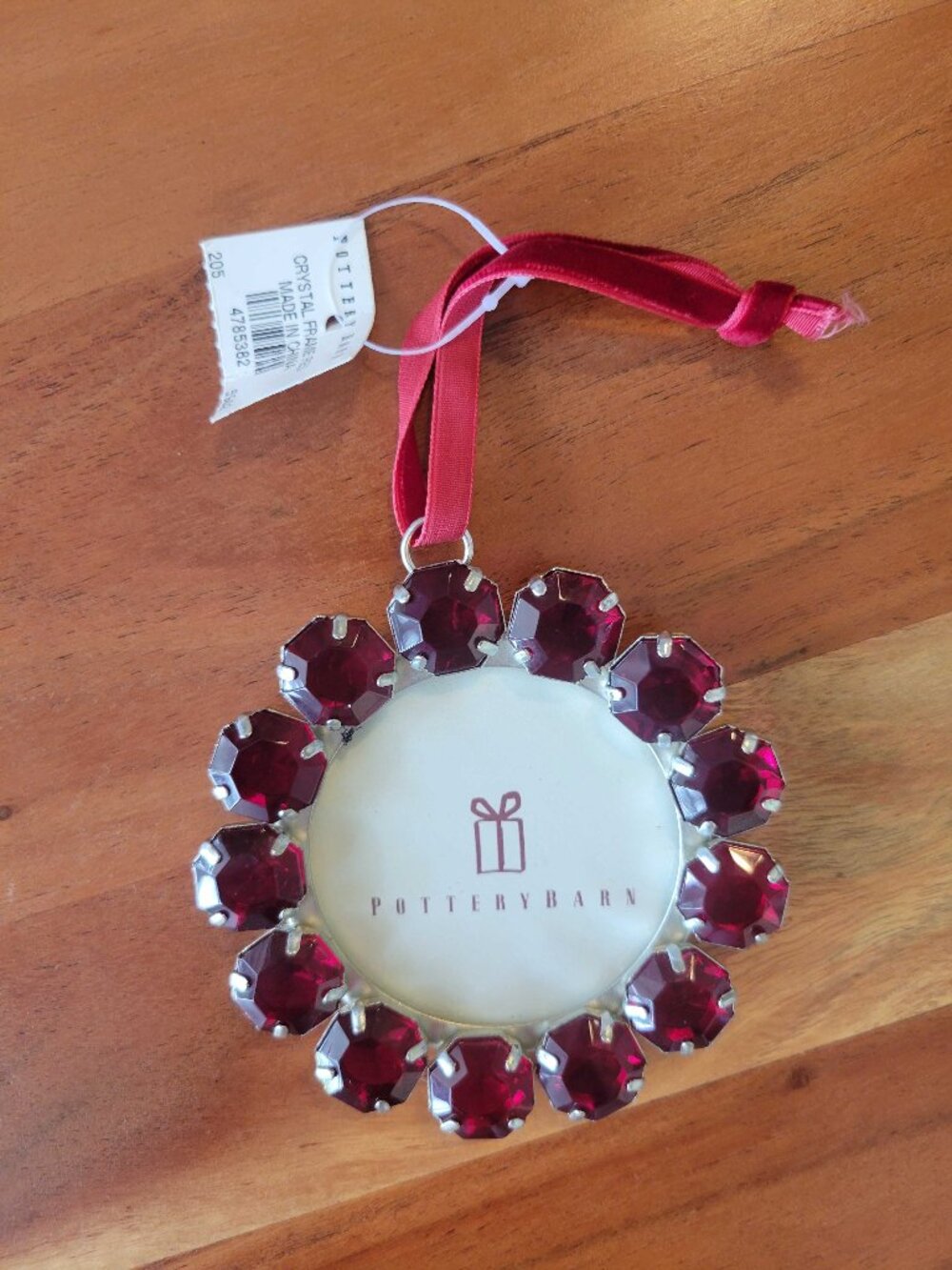 Pottery Barn Red Jeweled Crystal Photo Frame Red Round Christmas Ornament NWT